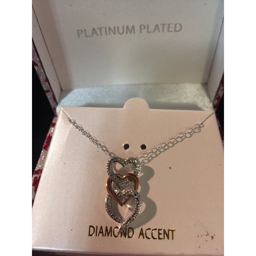 Diamond Three Heart Accent Necklace 18 inch Platinum Plated Adjustable Chain